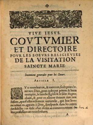 Coutumier et Directoire pour les soeurs religieuses de la Visitation Saincte Marie