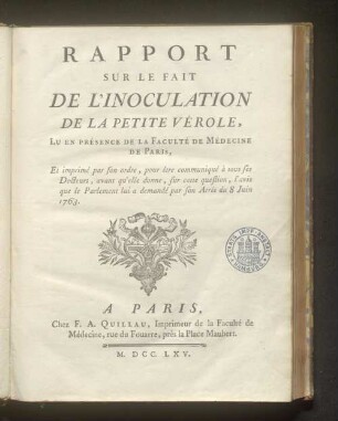 Rapport Sur le fait de l'Inoculation de la Petite Vérole