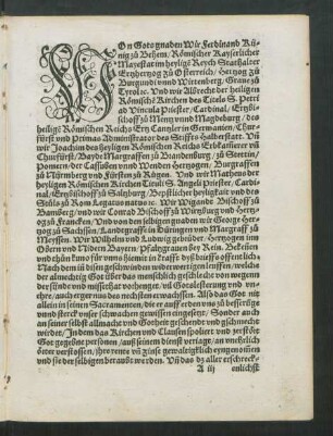 Von Gots gnaden Wir Ferdinand Künig zu Behem/ ...