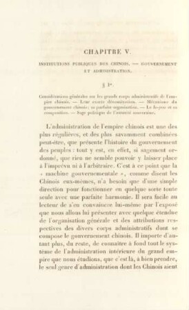 Chapitre V. Institutions publiques des chinois. - Gouvernement et administration