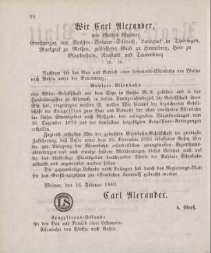 Konzessions-Urkunde für den Bau und Betrieb einer Lokomotiv-Eisenbahn von Wutha nach Ruhla