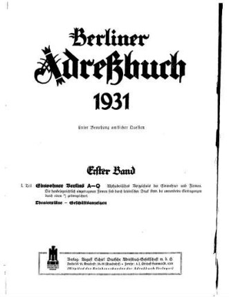 Berliner Adreßbuch 1931 Erster Band