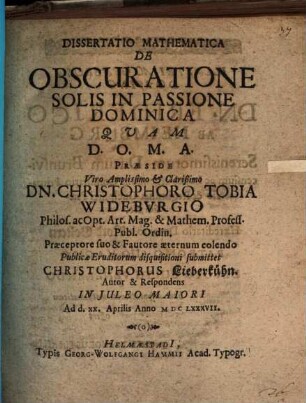 Diss. math. de obscuratione solis in passione dominica