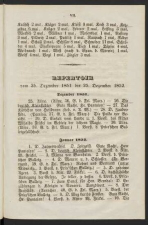 Repertoir vom 25. Dezember 1851 bis 25. Dezember 1852.