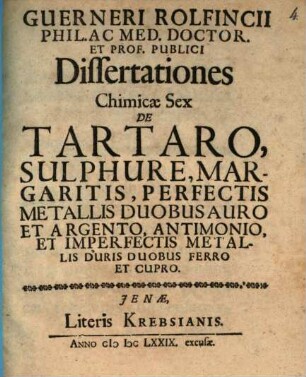 Dissertationes Chimicae sex ... de Tartaro