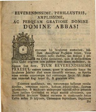 Commentatio Historica De Antiquo Romano Castro Aquilae Vulgo Arnsburg In Wetteravia Nunc Inclyto Sacri Ordinis Cisterciensis Asceterio, Occasione Jubilaei Sexcentenarii Anno Domini MDCCLXXIV. Decimo Septimo Calendas Augusti Occurentis Sub Gratiosis Auspiciis Reverendissimi, Perillustris, Amplissimi, Ac Perquam Gratiosi Domini, D. Bernardi, Sacri Et Exempti Ordinis Cisterciensis In Immediato Ac Exempto Monasterio B.M.V. De Castro Aquilae Vulgo Arnsburg Abbatis Dignissimi Domini Temporalis In Wickstatt. Publicae Disquisitioni Exhibita