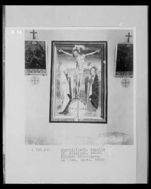 Der gekreuzigte Christus mit Maria und Johannes zu beiden Seiten des Kreuzes