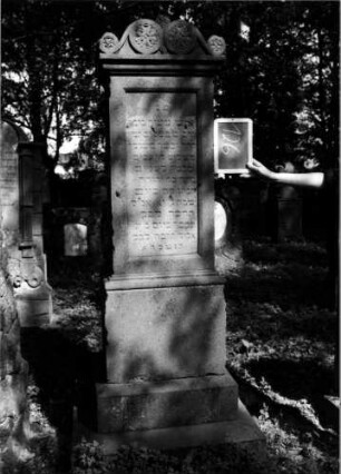Grabstein 126 (Index: 100111259) Material: Sandstein Zustand: beschädigt und leicht verwittert Maße HxBxT: 205x57x48 cm Beschreibung: Stele, getreppter Sockel, Abdeckplatte mit Volutenaufsatz, rechteckige Schriftfelder eingetieft Symbolik: Blüten, Voluten: Grabstein 126