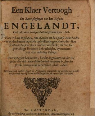 Een klaer Vertoogh der Raelo-plegingen van het Hof van Engelandt