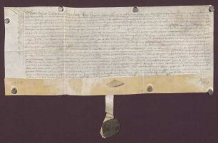 Gültverschreibung des Peter Floscher, Bürger zu Durlach, über zehn Pfund Pfennig Hauptgut, für das er jährlich zehn Schilling Pfennig an die Pfarrkirche Sankt Stephanus zu Durlach zahlt.