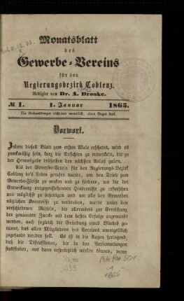 Monatsblatt des Gewerbevereins für den Regierungsbezirk Coblenz / 1.1865