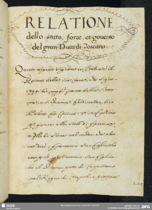 [Faszikel 6:] Relazione dello stato, forze e governo del Gran‘ Duca di Toscana