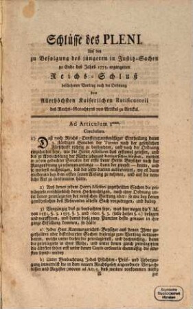Schlüsse des Pleni auf dem ... 1775 ergangenen Reichs-Schluß