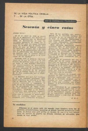 Sesenta y cinco votos : De la vieja política criolla y ... de la otra