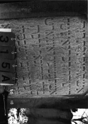 Grabstein 315 (Index: 100115847) Material: Sandstein Zustand: verwittert mit Textverlust Maße HxBxT: 147x68x17 cm Beschreibung: Stele mit konkav eingezogenem Segmentbogenabschluß, eingetieftes Schriftfeld: Grabstein 315A (Nachholaufnahme)