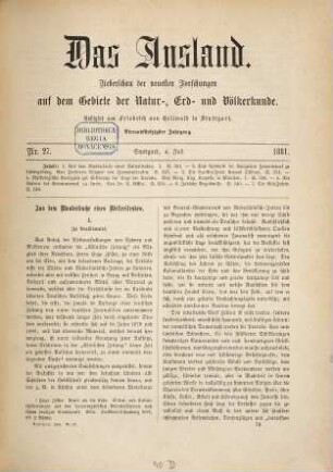 Das Ausland : Wochenschrift für Erd- und Völkerkunde. 54, 2. 1881