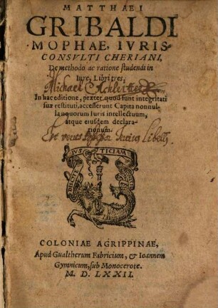 Matthaei Gribaldi De methodo ac ratione studendi : libri III