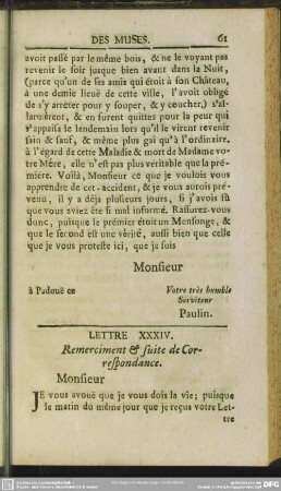 Lettre XXXIV. Remerciment & suite de Correspondance