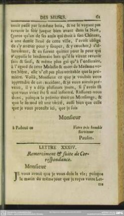 Lettre XXXIV. Remerciment & suite de Correspondance