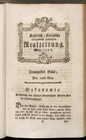 Zwanzigstes Stück; Den 14ten May. Wien, 1776.
