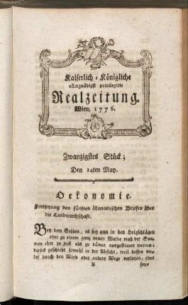Zwanzigstes Stück; Den 14ten May. Wien, 1776.
