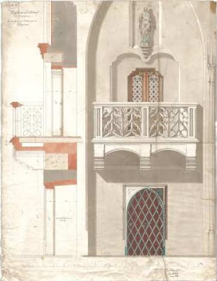 Leimbach, Karl; Emertsham; Pfarrkirche - Sakristeitür mit Oratorium im Presbyterium (Ansicht, Schnitt)