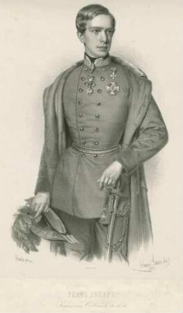 Kaiser Franz Joseph I. von Österreich, König von Ungarn als Jugendbildnis in Uniform, Ziermütze mit Orden, stehend in Halbprofil