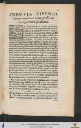 Formula Vivendi Canonicorum, Vicariorum et aliorum Presbyterorum secularium.