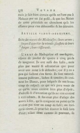 Article vingt-deuxieme. Suite des moeurs des Madecasses ...