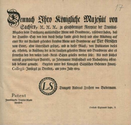 Demnach Ihro Königliche Majestät von Sachsen etc. etc. etc. ...