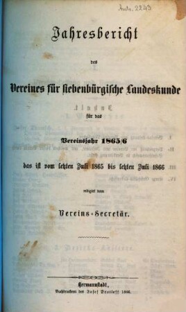 Jahresbericht des Vereins für Siebenbürgische Landeskunde, Hermannstadt, 1865/66