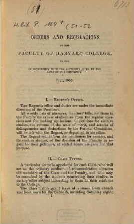 Orders and regulations of the faculty of Harvard College. 1856