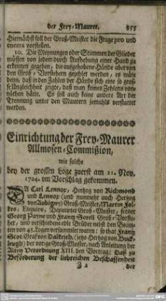 Einrichtung der Frey-Maurer Allmosen-Commißion ...