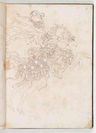 Reiter mit Lanze auf einem springenden Pferd, in einem Band mit Antikischen Figurinen und Pferdedekorationen, Bl. 8