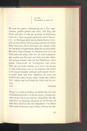 An Voss Darmstadt, den 17. April 1776