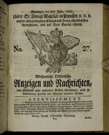 No. 27. Montags, den 6ten Julii, 1761.