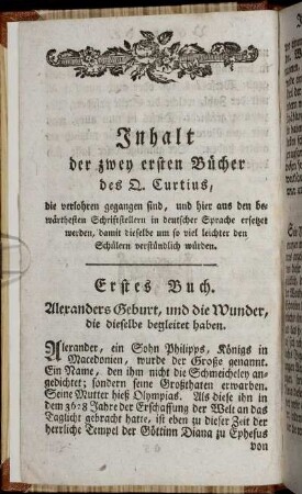 Inhalt der zwey ersten Bücher des Q. Curtius,...
