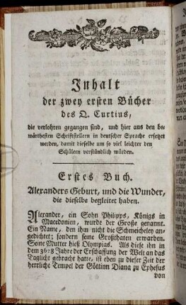 Inhalt der zwey ersten Bücher des Q. Curtius,...