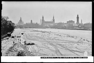 Dresden, die vereiste Elbe 1929, Blick auf Dresden-Altstadt vom Neustädter Elbufer