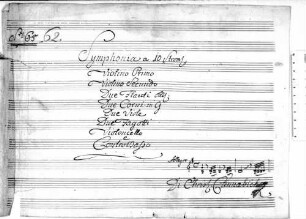 Symphonies, WolC 65, G-Dur - BSB Mus.ms. 1872 : [cover title, autograph:] Symphonia a 10 Strom[enti]. // Violino Primo // Violino Secundo // Due Flauti obl: // Due Corni in G // Due Viole // Due Fagotti // Violoncello // e // Contro Basso [!] // [music incipit] // Di Chris: Cannabichmp // N r o [crossed out:] 65 [with red:] 62