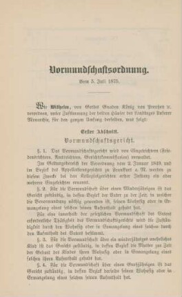 Vormundschaftsordnung. Vom 5. Juli 1875.