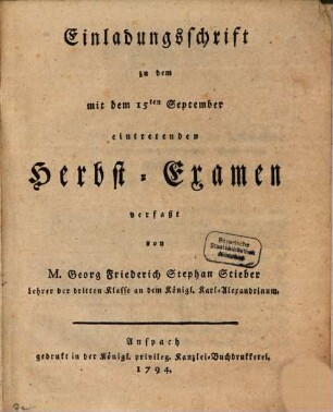 Einladungsschrift zu dem mit dem 15ten September eintretenden Herbst-Examen