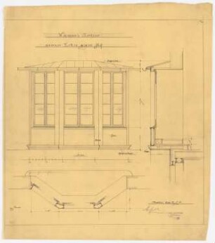 Wohnhaus Kretzer, Berlin-Tiergarten: Eiserner Erker zum Hof: Grundriss, Ansicht, Schnitt 1:10