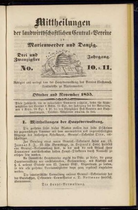 Drei und Zwanzigster Jahrgang. No. 10. u. 11. Oktober und November 1855.
