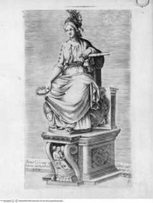 Antiquarum statuarum urbis Romae, quae in publicis privatisque locis visuntur, icones. Romae. Ex typis Laurentii Vaccarii... MDLXXXIIII., Tafel [11]: Romae Colocuis celebris cur Dacia capta subest Romae in hortis Caesijs (nach der Antike)