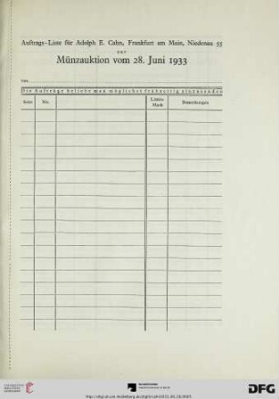 Auftrags-Liste für Adolph E. Cahn