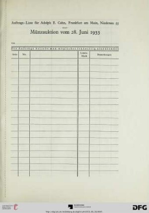 Auftrags-Liste für Adolph E. Cahn