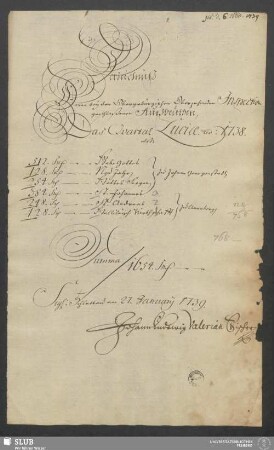Verzeichnüß Derer bey der Obergebürgischen Oberzehenden Inspection geschloßenen Außbeuthen, Das Qvartal Luciæ a[nn]o 1738. ... Schlettau am 27. January 1739 - XVII 103 4. (1738,L)