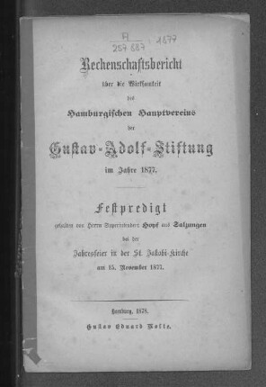 1877(1878): Rechenschaftsbericht über die Wirksamkeit des Hamburgischen Hauptvereins der Gustav-Adolf-Stiftung