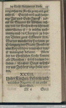 XXXIII. Unter Kirchen-Lehren und weltlichen Regenten ist ein großer Unterscheid